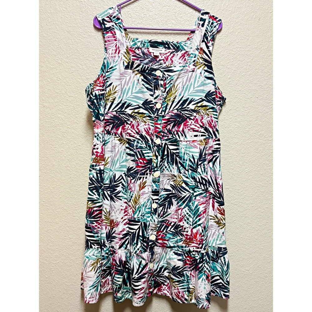 beachlunchlounge Woven Cotton Linen Rayon Floral Dress Square Neck Button Mini L